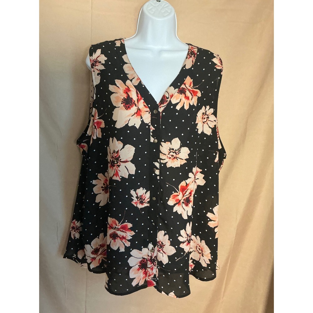 Maurices Blouse Women 2X Black Excellent Floral Polka Dot Button Sleeveless Top
